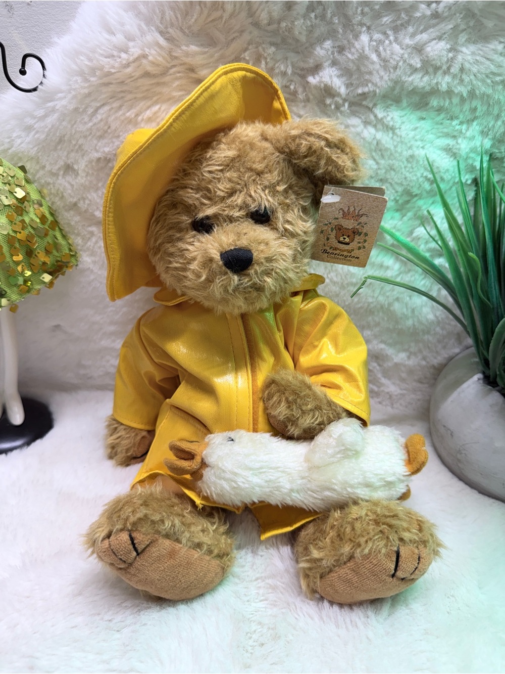 Bearington Collection Yellow Raincoat Teddy Bear Vintage Plush with Duck 🦆